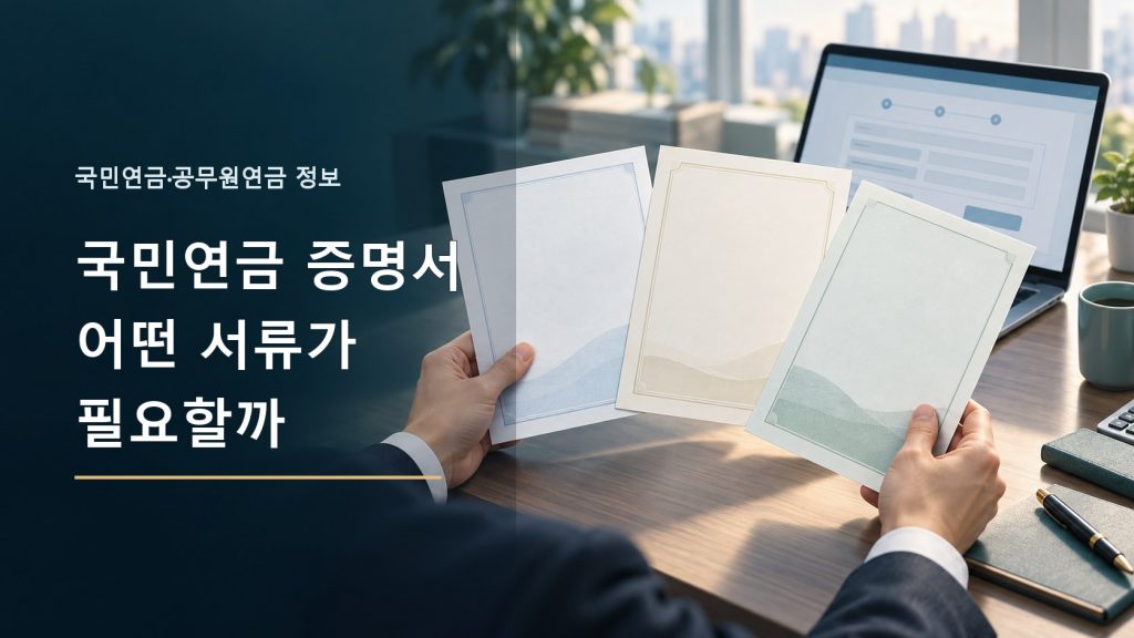 세 종류의 국민연금 증명서를 비교하는 손과 노트북 일러스트
