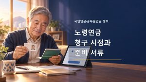 노령연금 청구를 위해 신분증과 계좌 자료를 준비하는 남성 일러스트