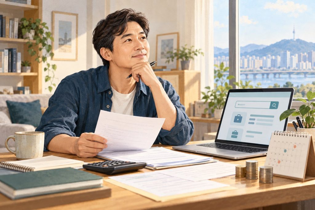 노트북과 연금 서류를 살펴보는 구직자의 일러스트