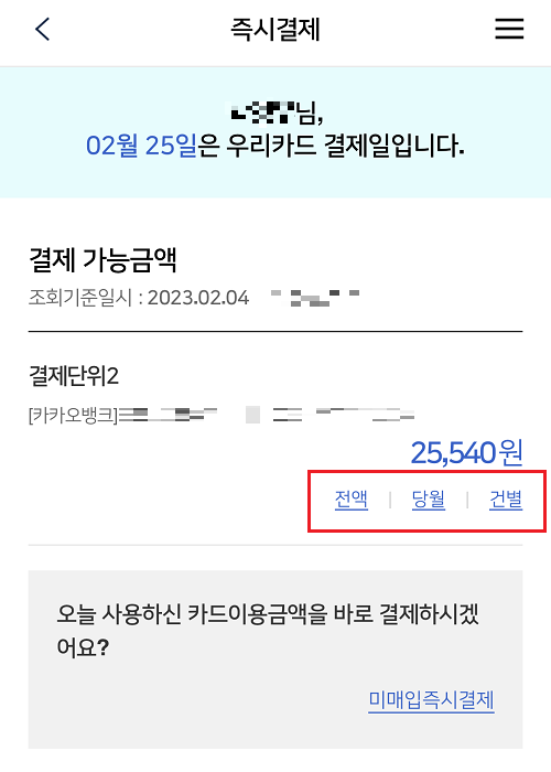 우리카드 스마트폰 앱 - 즉시결제 이용 화면